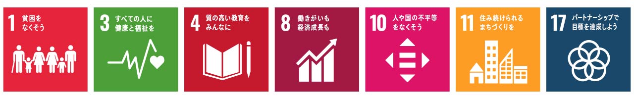 SDGsアイコン　1,3,4,8,10,11,17